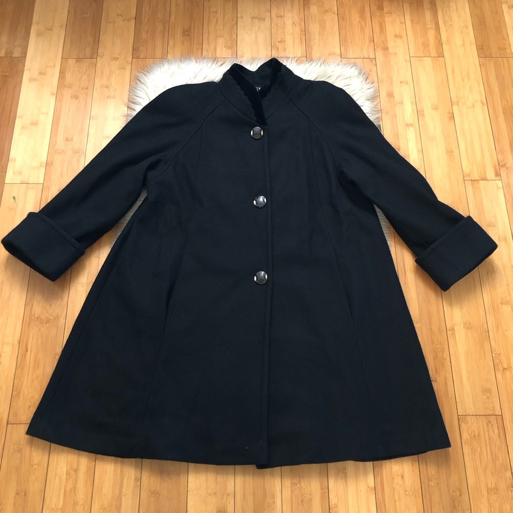 Vintage Jofeld Wool Embroidered Mandarin Collar Black Swing Trench Coat size M/L